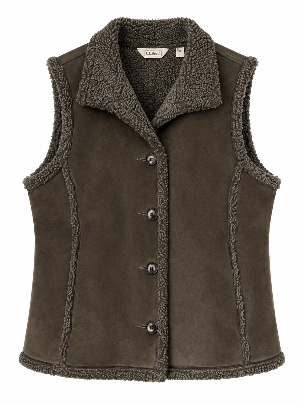 L.L.Bean Sherpa Lined Faux Suede Vest Women’s M Olive Green Button Front